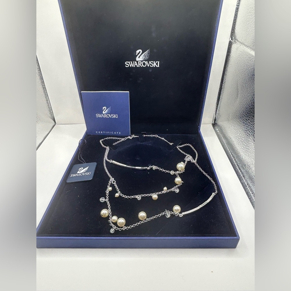 Swarovski 3 layer Silver Necklace with Pearls
